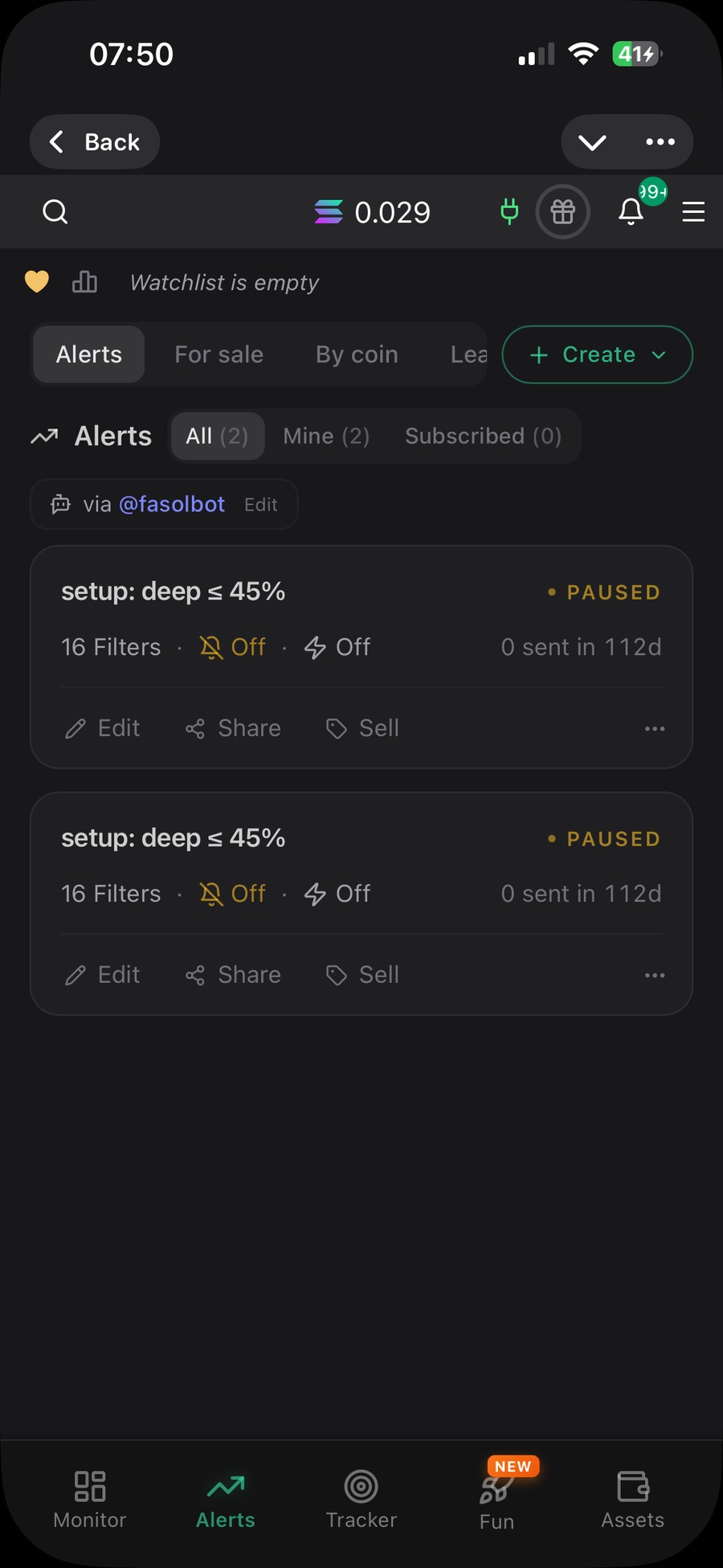 Fasol Telegram mobile bot alerts screen with deep buy setup cards